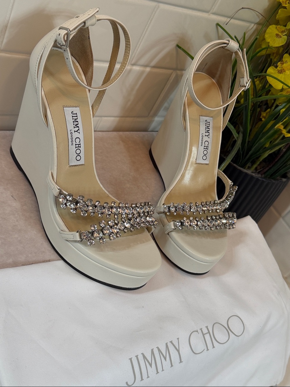 Jimmy Choo Wedge Heels NEW in Box . Bing Latte/ Crystal
